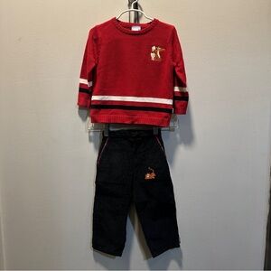 Disney Vibrant Red Knit Sweater & Black Corduroy Pant Set 24 months
